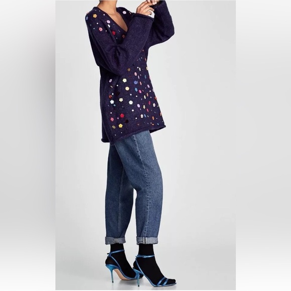 Zara Knit Multicolor Sequin Blue Oversized V-Neck Sweater - Picture 2 of 7